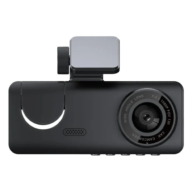 RoadVision dash cam front view showing the wide-angle lens and mount