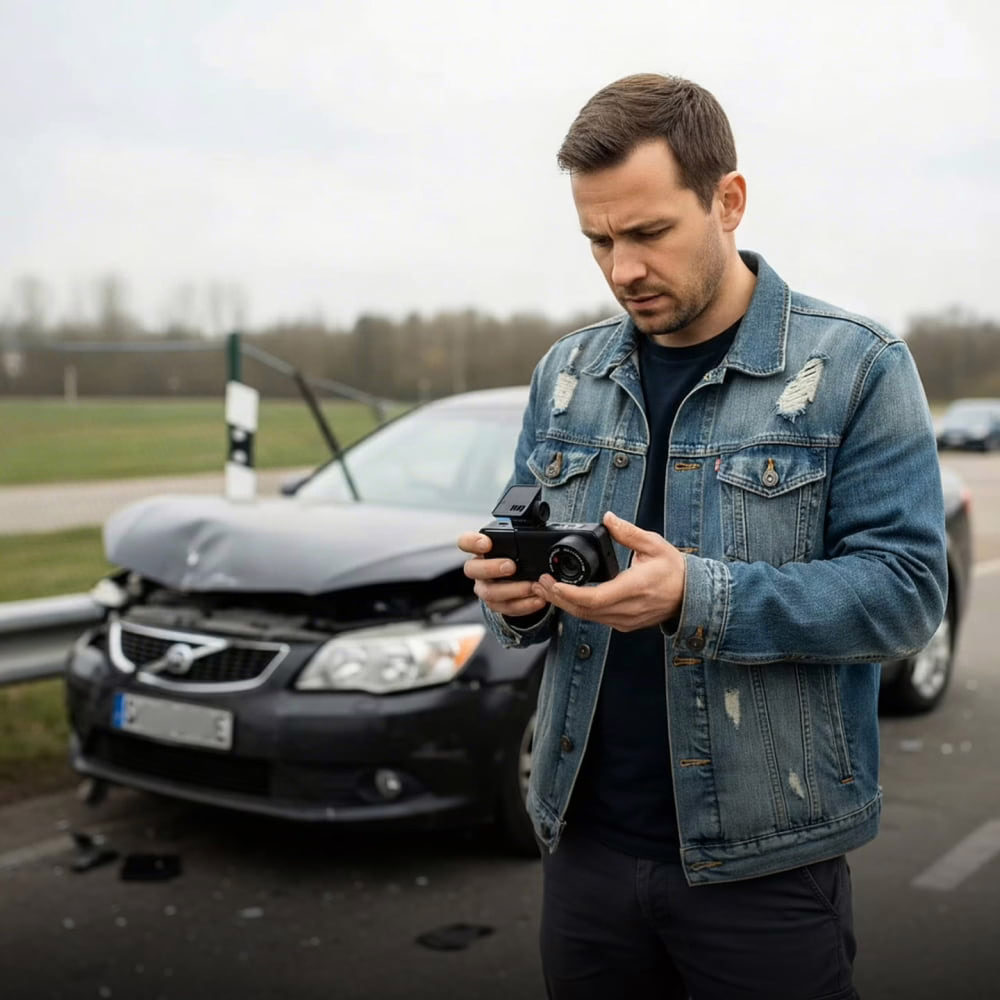 A driver with his vehicle and RoadVision dash camera